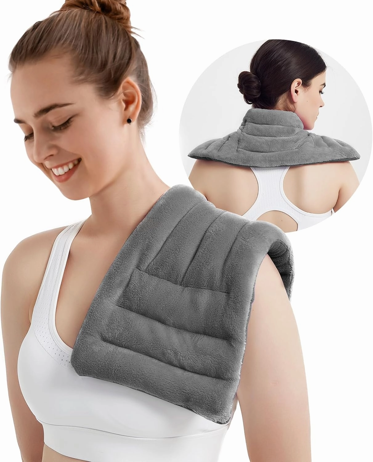 Microwave Heating Pad for Pain Relief, 8 x 18 Microwavable Moist Heat Pads for Neck, Shoulder, Back, Knee, Period Cramps, Rice Heat Pack Hot & Cold Compress Reusable & Portable, Grey