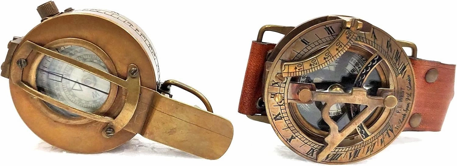 Military Prismatic Compass, 3-Inch Brass Sundial, Steampunk Wrist Design, Gold