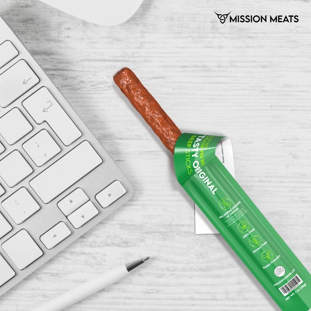 Mission Meats Beef Sticks – 100% Grass Fed & Pasture Raised, Sugar Free, Individually Wrapped Healthy Snacks, Whole 30 & Paleo Friendly, Original 1oz (Pack of 12)