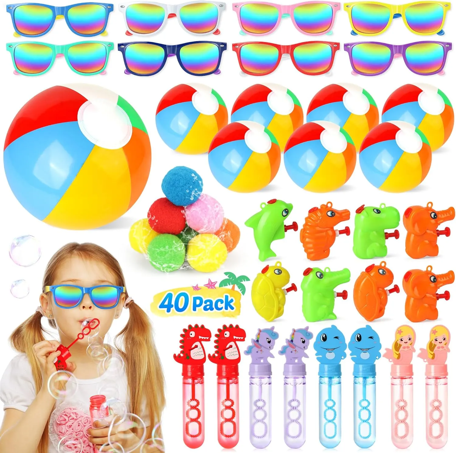 Mocoosy Beach Party Favors for Kids, 40 Pack Pool Party Favors Summer Water Toys Goody Bag Stuffers Including Beach Balls, Bubble Wands, Sunglasses Bulk for Birthday Party Supplies Outdoor Fun Play