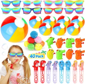 Mocoosy Beach Party Favors for Kids, 40 Pack Pool Party Favors Summer Water Toys Goody Bag Stuffers Including Beach Balls, Bubble Wands, Sunglasses Bulk for Birthday Party Supplies Outdoor Fun Play