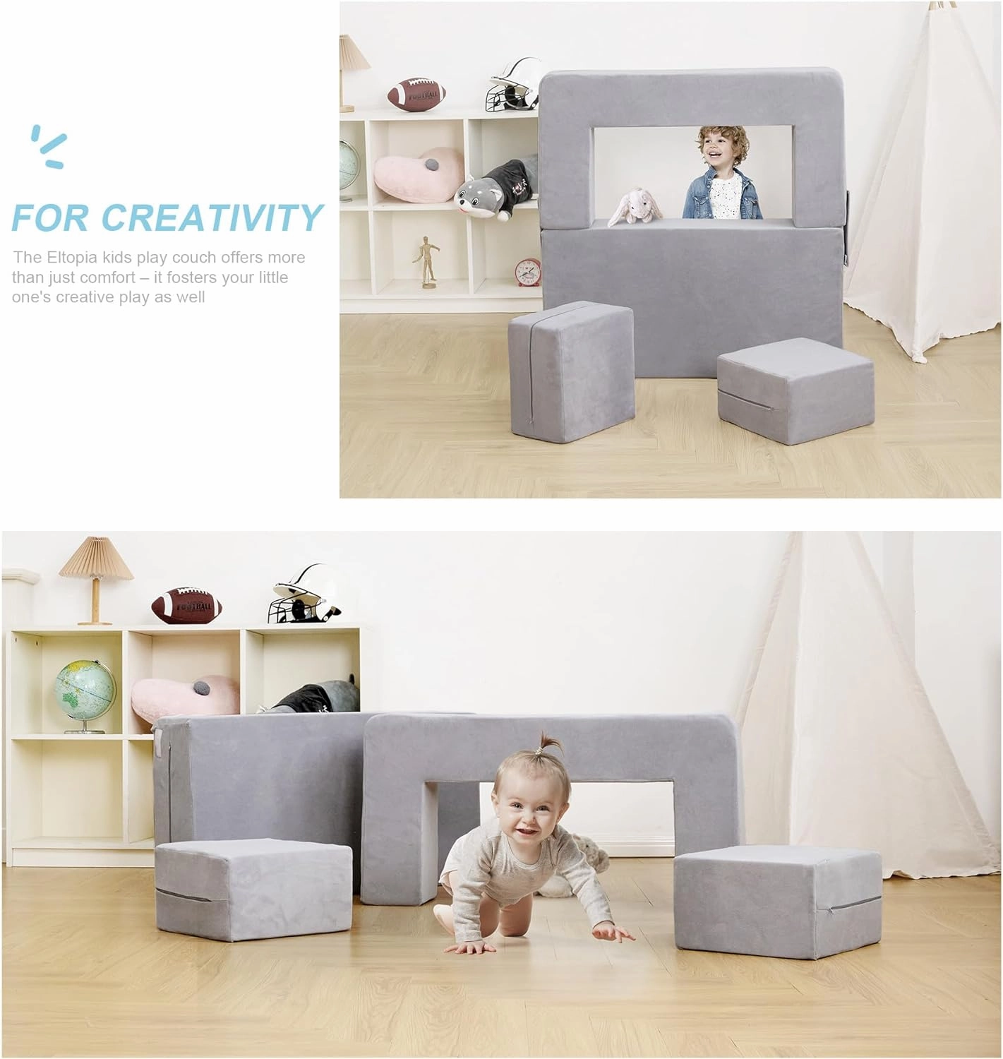 Modular Kids Couch, Toddler Foam Armchair for Kids, Convertible Plush Sofa Play Set, Fold Out Sofa Bed - Grey