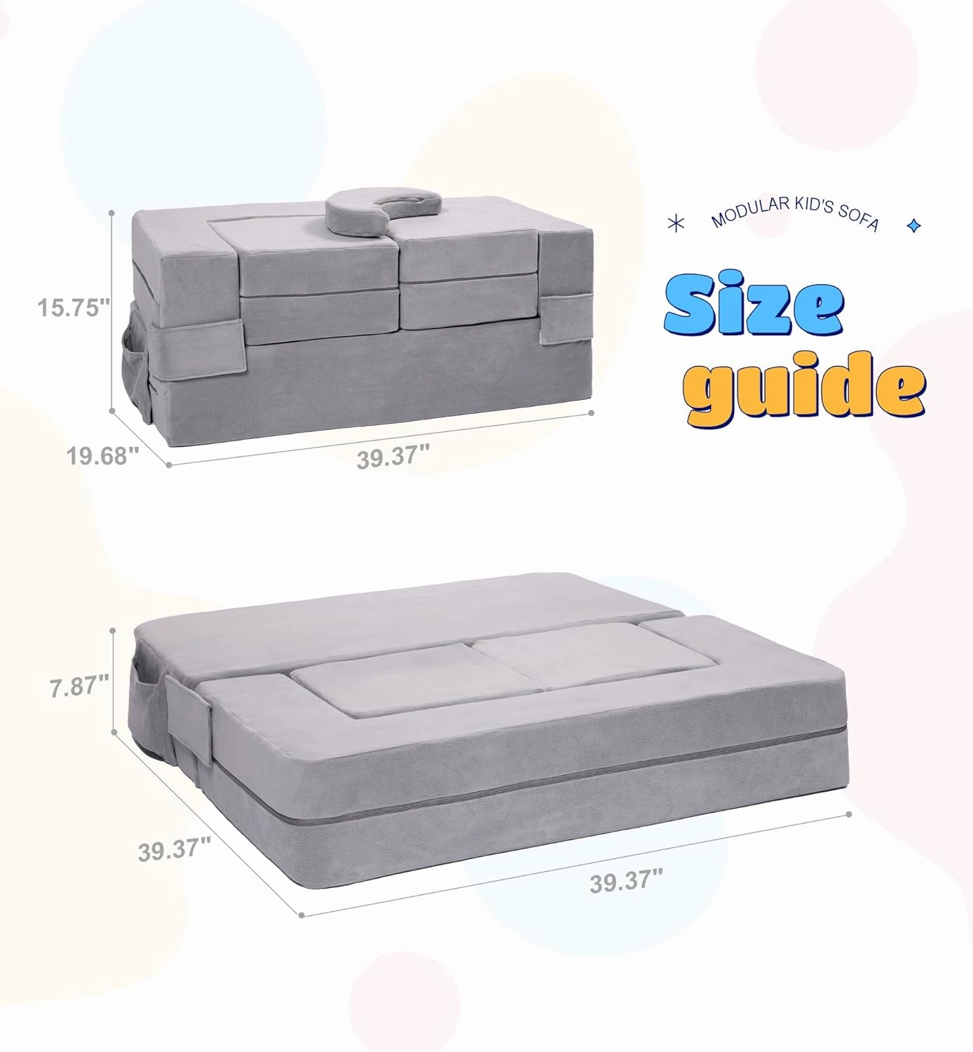 Modular Kids Couch, Toddler Foam Armchair for Kids, Convertible Plush Sofa Play Set, Fold Out Sofa Bed - Grey