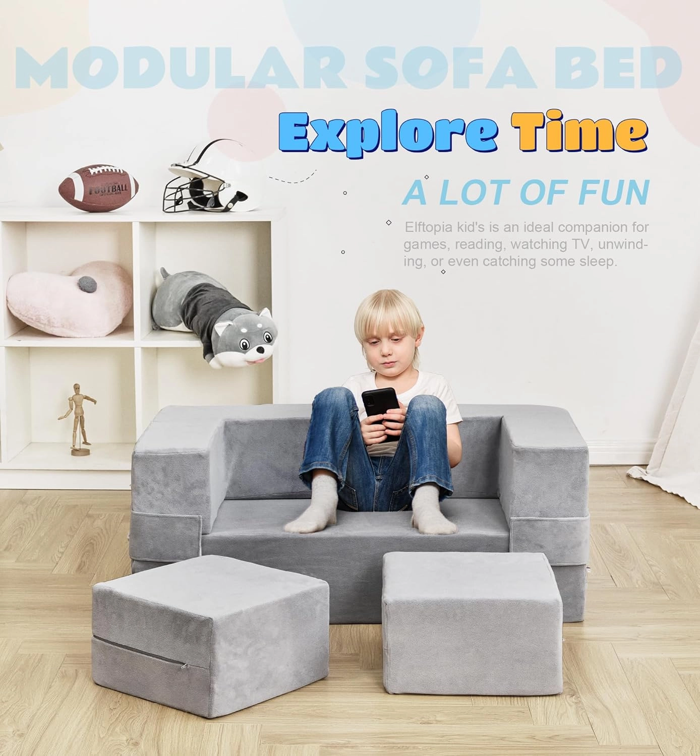 Modular Kids Couch, Toddler Foam Armchair for Kids, Convertible Plush Sofa Play Set, Fold Out Sofa Bed - Grey