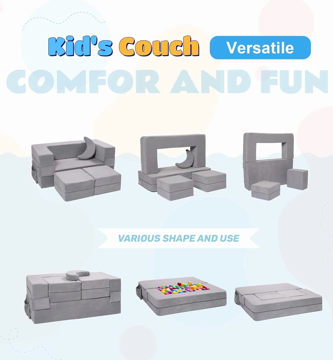 Modular Kids Couch, Toddler Foam Armchair for Kids, Convertible Plush Sofa Play Set, Fold Out Sofa Bed - Grey
