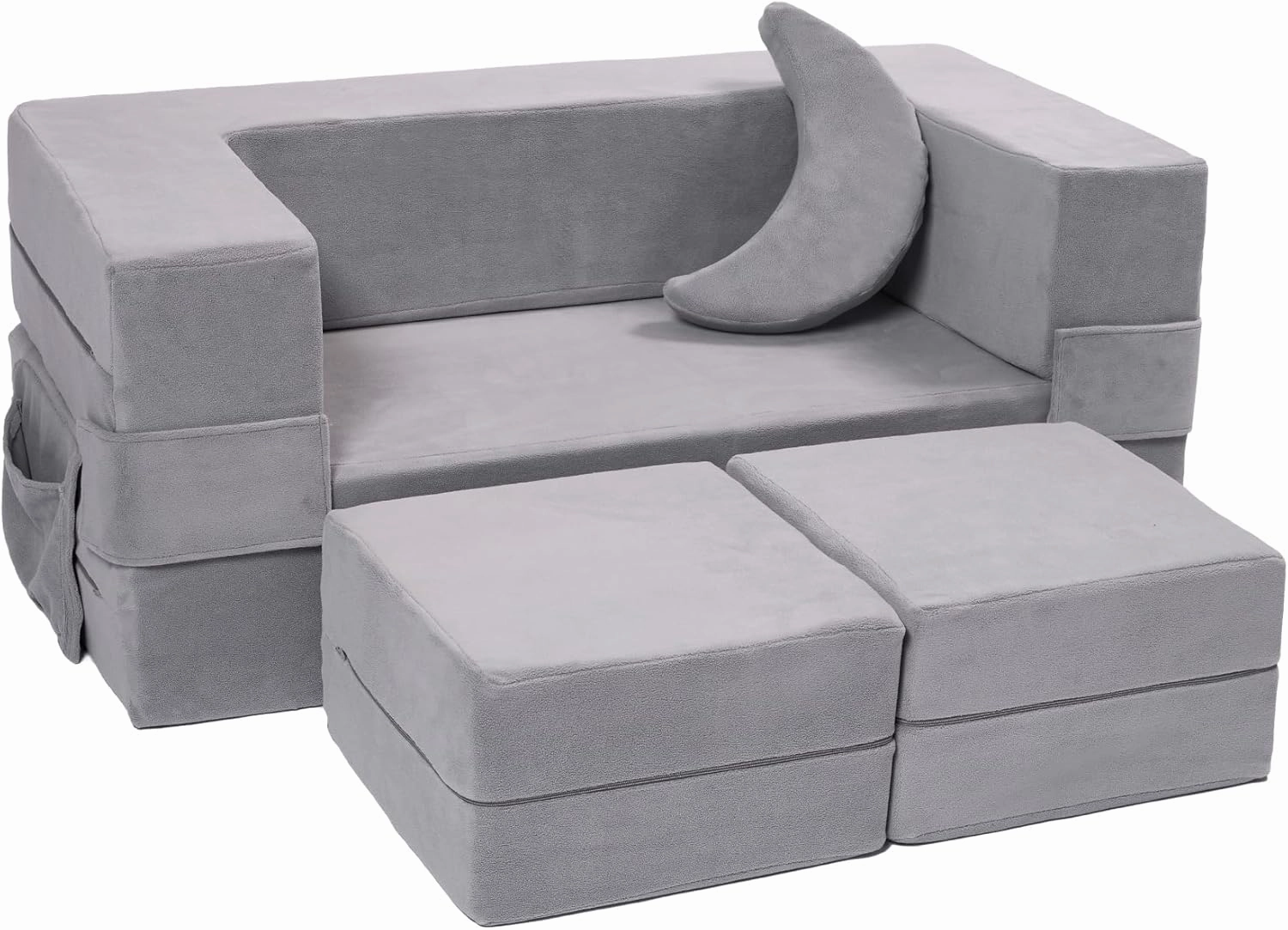Modular Kids Couch, Toddler Foam Armchair for Kids, Convertible Plush Sofa Play Set, Fold Out Sofa Bed - Grey