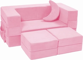 Modular Kids Sofa - Toddler Couch Foam Armchair, Children Convertible Plush Play Set, Fold Out Bed (Pink)