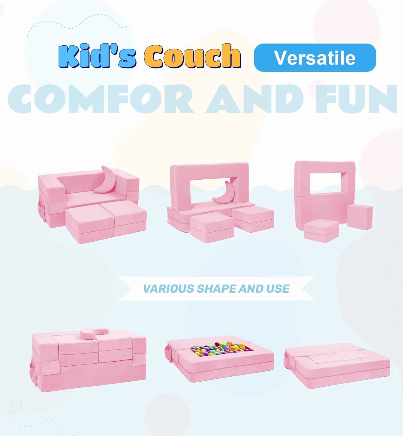 Modular Kids Sofa - Toddler Couch Foam Armchair, Children Convertible Plush Play Set, Fold Out Bed (Pink)