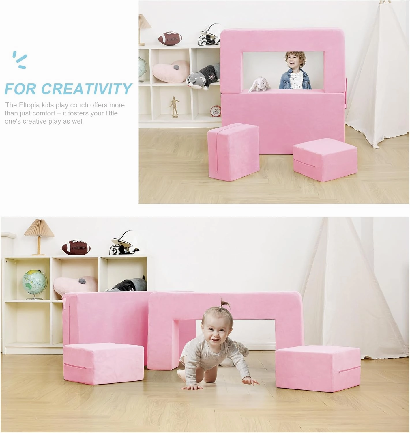 Modular Kids Sofa - Toddler Couch Foam Armchair, Children Convertible Plush Play Set, Fold Out Bed (Pink)