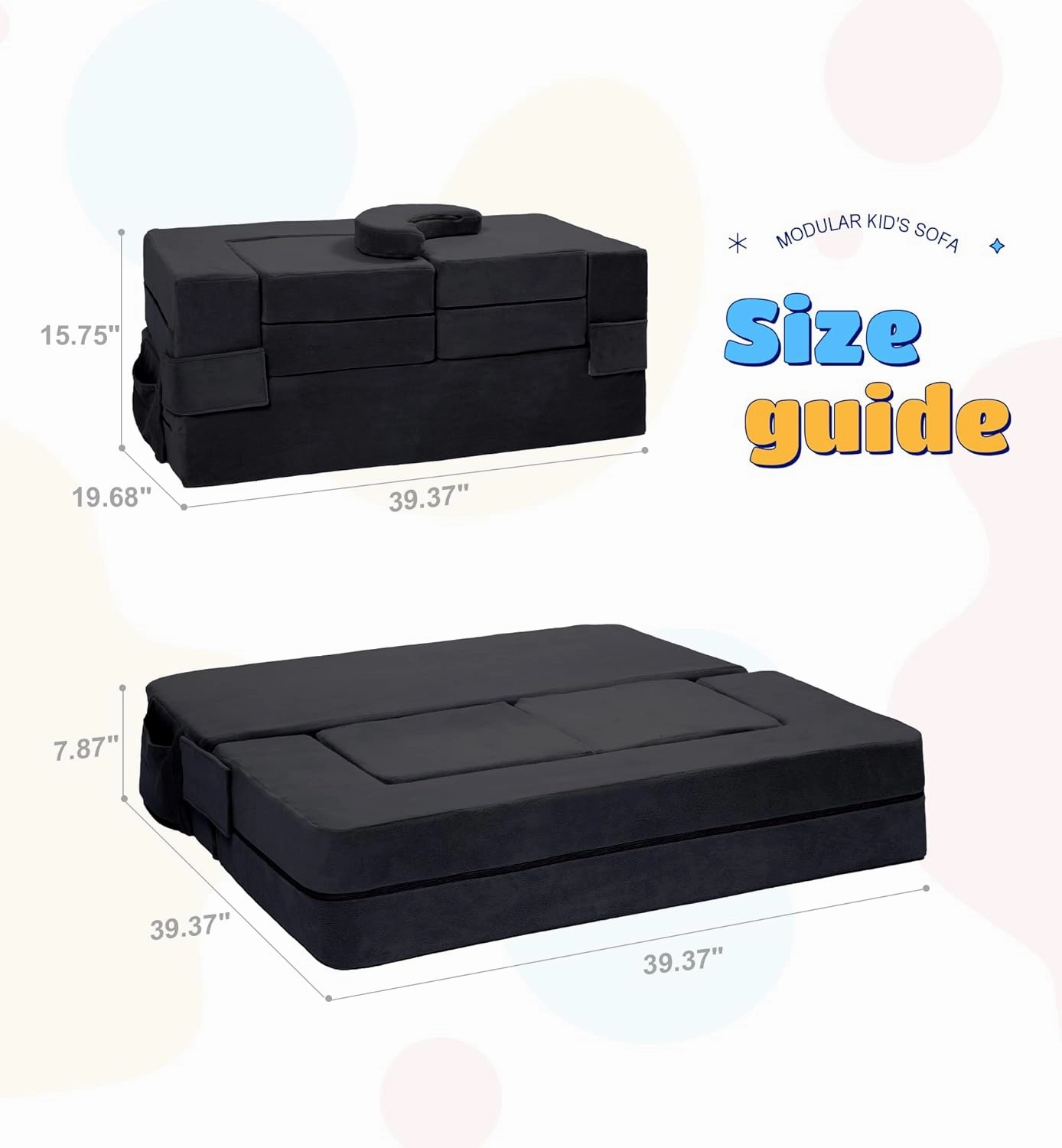 Modular Kids Sofa,Toddler Couch Foam Armchair for Kids, Children Convertible Plush Sofa Play Set,Fold Out Sofa Bed(Black)