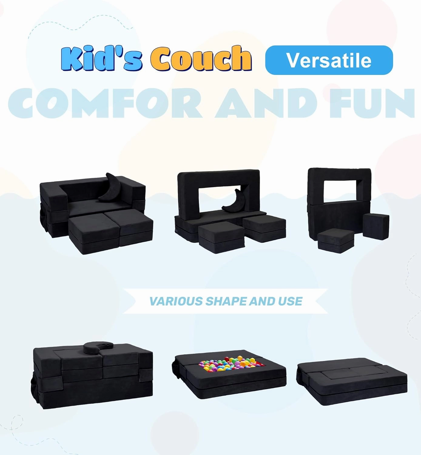Modular Kids Sofa,Toddler Couch Foam Armchair for Kids, Children Convertible Plush Sofa Play Set,Fold Out Sofa Bed(Black)