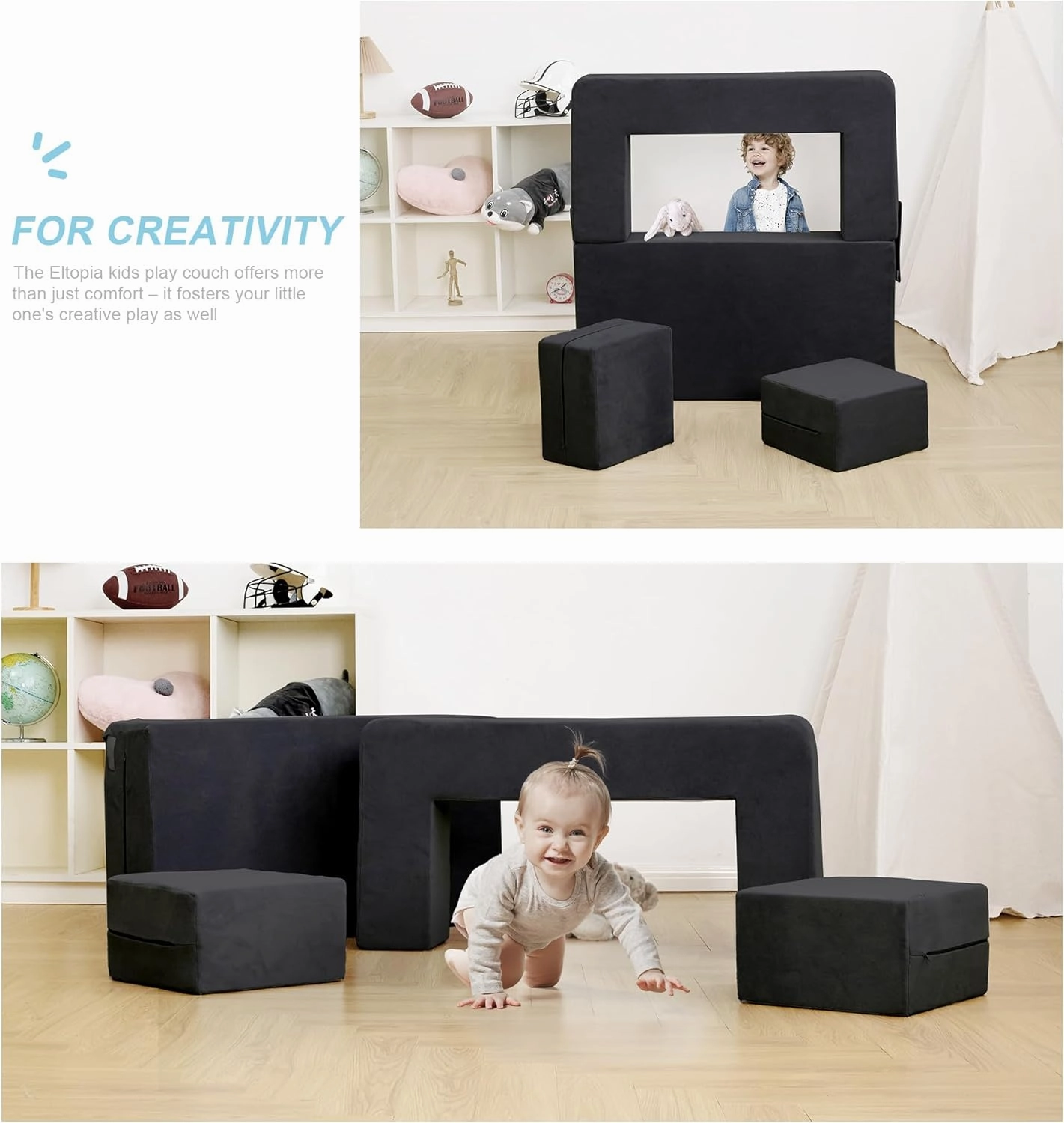 Modular Kids Sofa,Toddler Couch Foam Armchair for Kids, Children Convertible Plush Sofa Play Set,Fold Out Sofa Bed(Black)