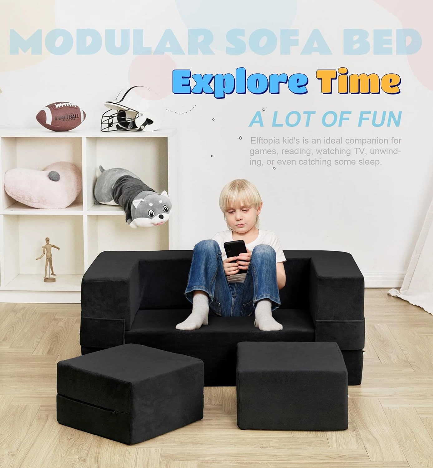 Modular Kids Sofa,Toddler Couch Foam Armchair for Kids, Children Convertible Plush Sofa Play Set,Fold Out Sofa Bed(Black)