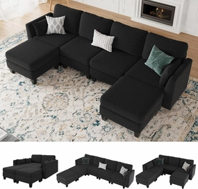 Modular Sectional Sofa, Convertible U Shaped Sofa Couch with High Density Memory Foam, 6 Seat Comfy Modular Sofa Couch for Living Room, Modern U Shaped Sectional Sofa, Black
