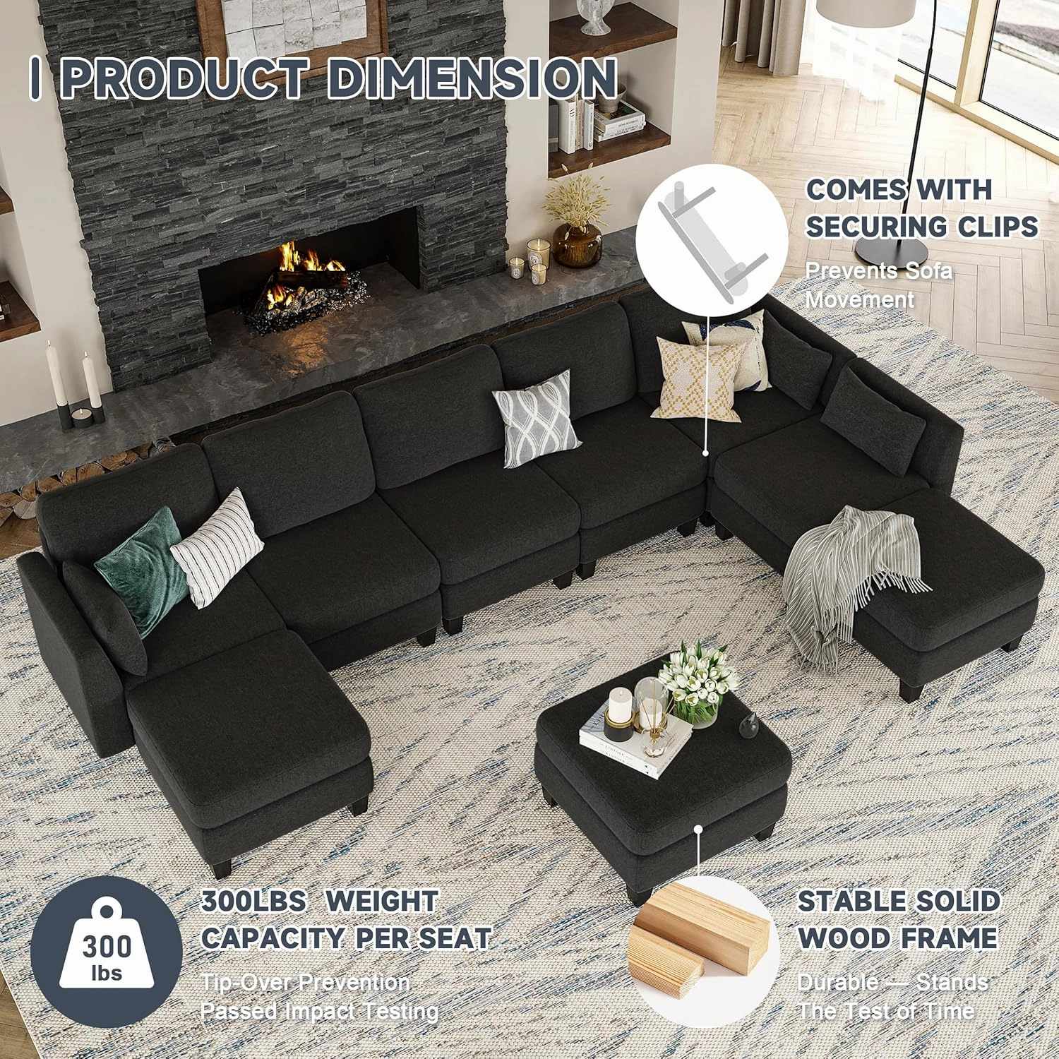 Modular Sectional Sofa, Convertible U Shaped Sofa Couch with High Density Memory Foam, 6 Seat Comfy Modular Sofa Couch for Living Room, Modern U Shaped Sectional Sofa, Black