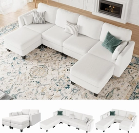 Modular Sectional Sofa, Convertible U Shaped Sofa Couch with High Density Memory Foam, 6 Seat Comfy Modular Sofa Couch for Living Room, Modern U Shaped Sectional Sofa, White