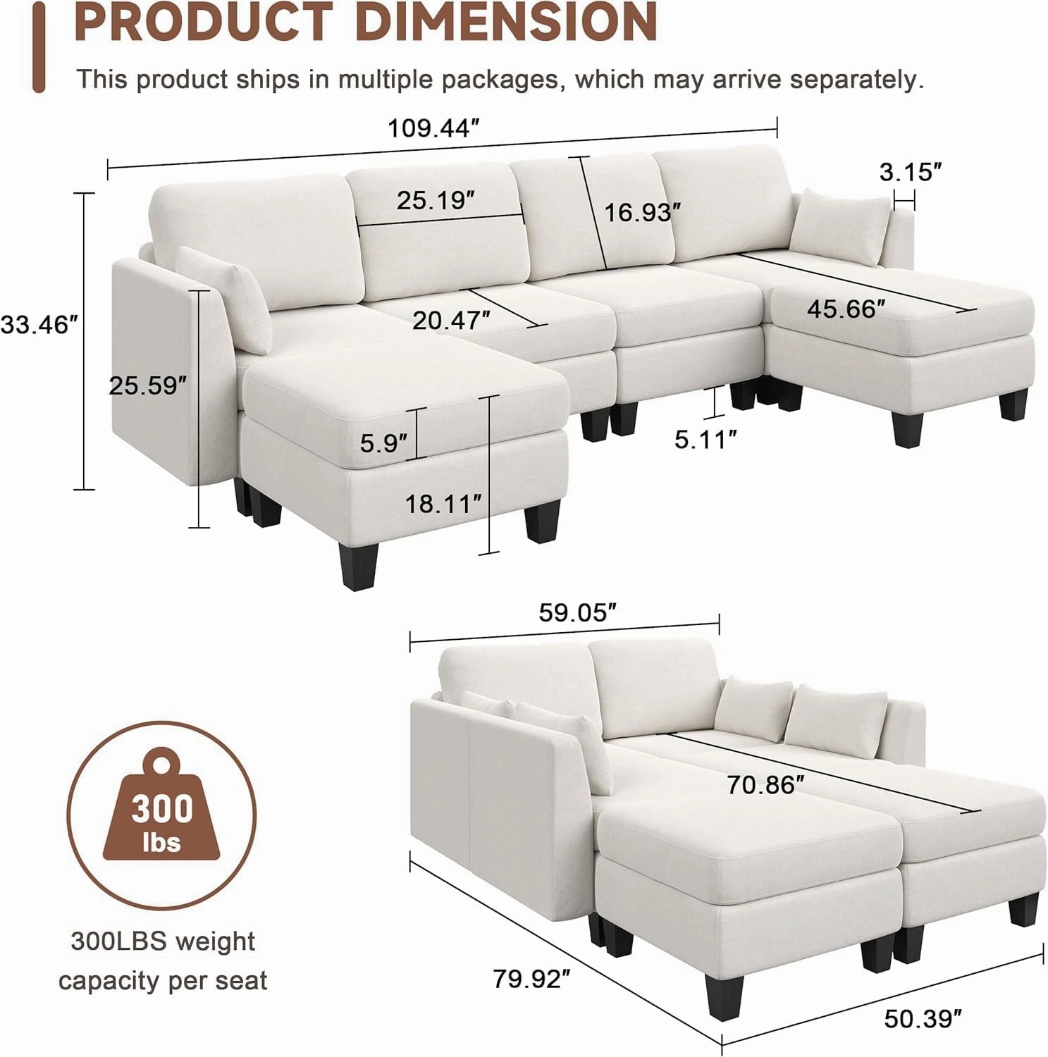 Modular Sectional Sofa, Convertible U Shaped Sofa Couch with High Density Memory Foam, Modern U Shaped Sectional Sofa, 6 Seat Comfy Modular Sofa Couch for Living Room, Beige