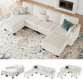 Modular Sectional Sofa, Convertible U Shaped Sofa Couch with High Density Memory Foam, Modern U Shaped Sectional Sofa, 6 Seat Comfy Modular Sofa Couch for Living Room, Beige