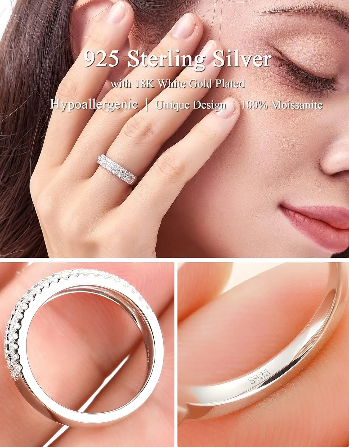 Moissanite Wedding Bands for Women, Round Cut D Color VVS1 anniversary Engagement Ring,S925 Sterling Silver with 18K White Gold Plated Promise Valentine Ring Valentine's Day Gift
