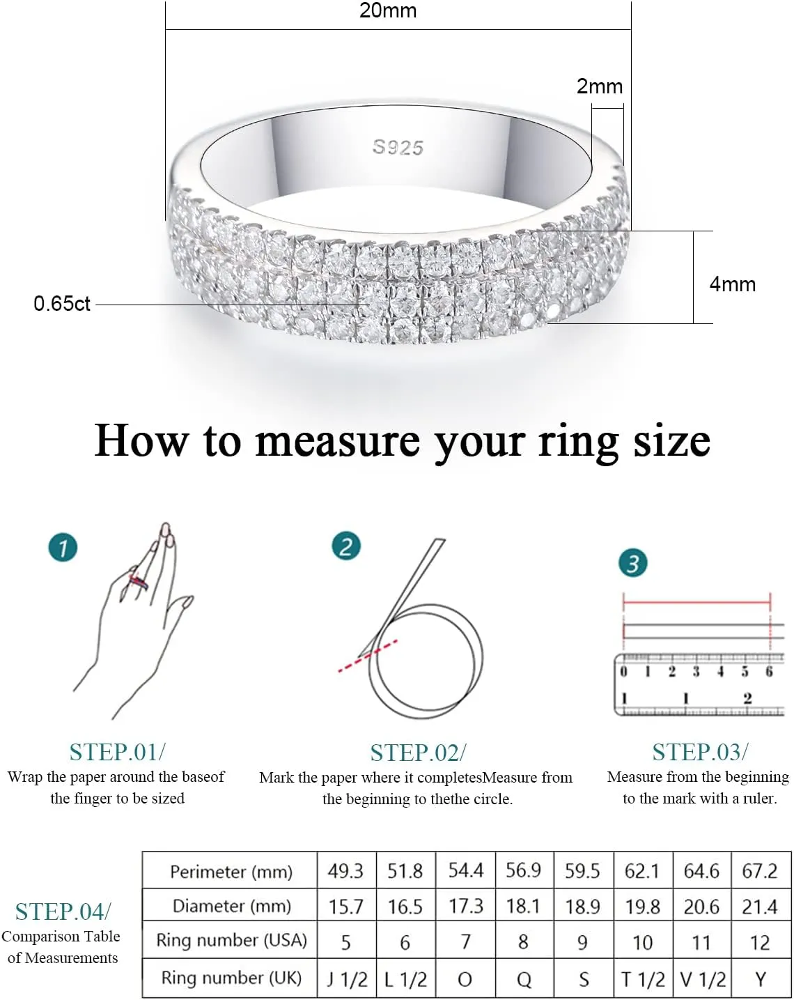 Moissanite Wedding Bands for Women, Round Cut D Color VVS1 anniversary Engagement Ring,S925 Sterling Silver with 18K White Gold Plated Promise Valentine Ring Valentine's Day Gift
