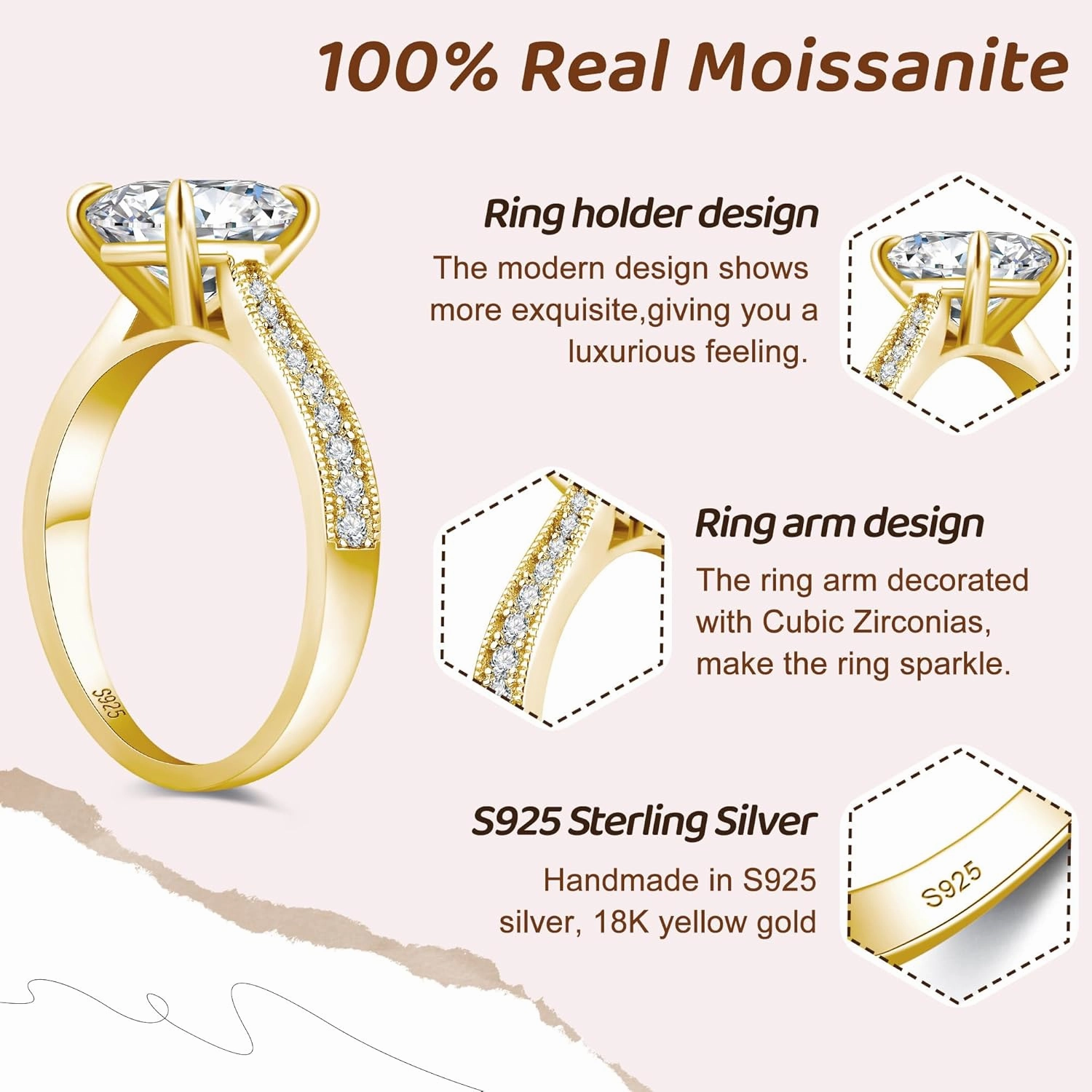 Moissanite Engagement Rings for Women,Promise Rings 925 Sterling Silver with 18K Yellow/White Gold Plated,D Color VVS1 Wedding Band Moissanite Ring 0.5/1/1.5/2/3/4CT