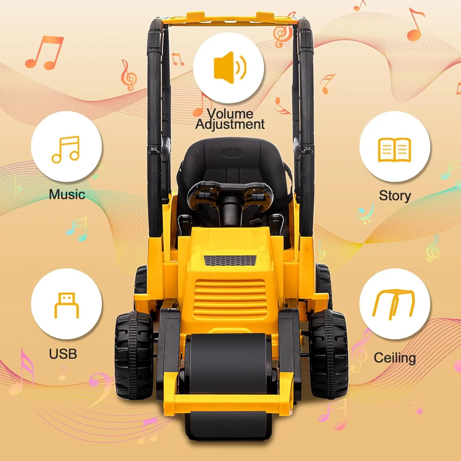 MOLACHI 12V Ride On Road Roller,Battery Powered Electric Construction Toy Vehicle for Kids，Adjustable Drum Roller，Music,LED Light,Ideal Gift for Kids 3-7 Years Old