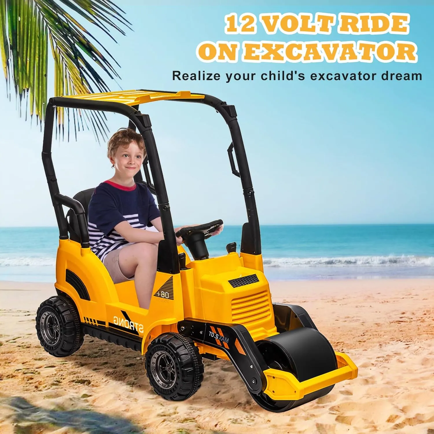 MOLACHI 12V Ride On Road Roller,Battery Powered Electric Construction Toy Vehicle for Kids，Adjustable Drum Roller，Music,LED Light,Ideal Gift for Kids 3-7 Years Old