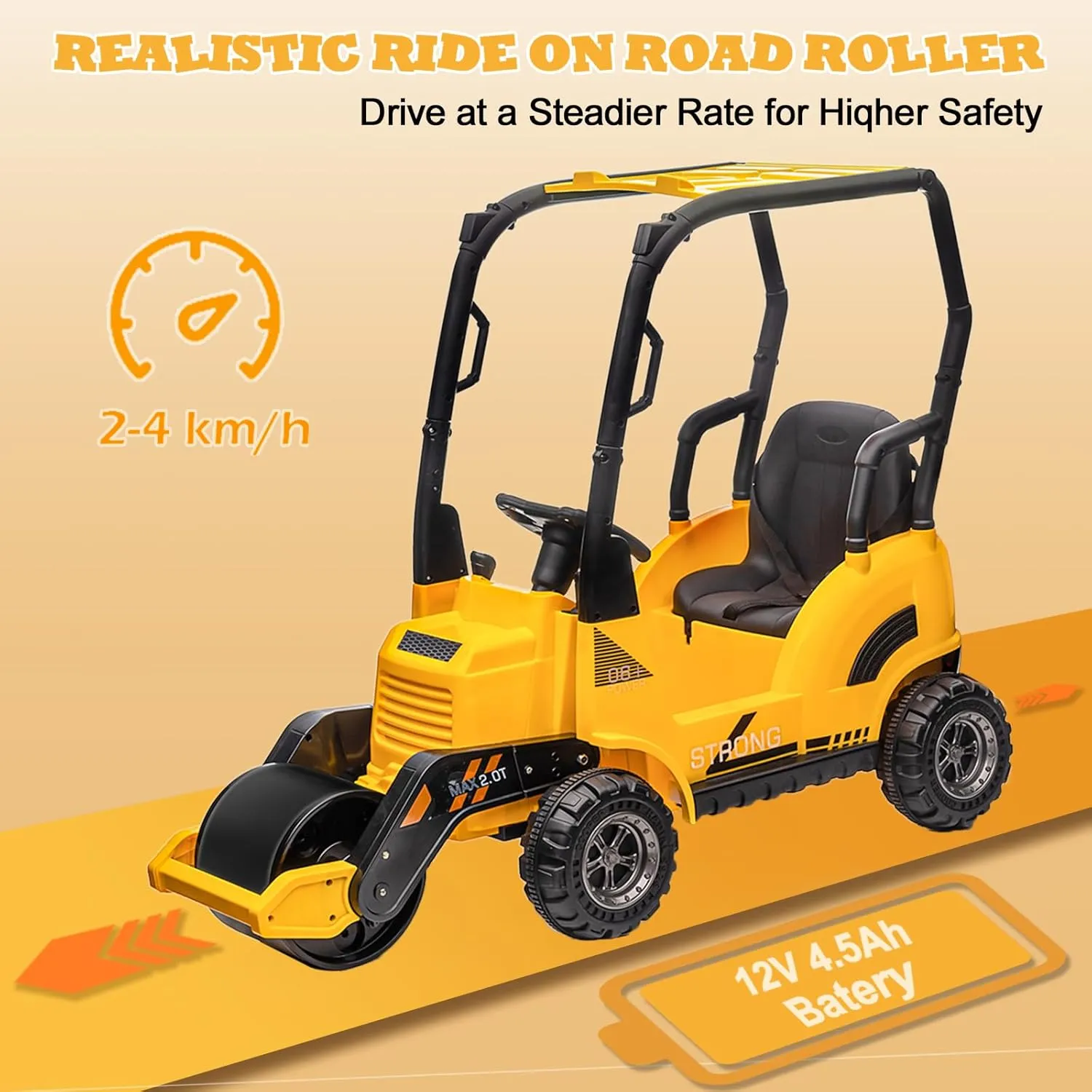 MOLACHI 12V Ride On Road Roller,Battery Powered Electric Construction Toy Vehicle for Kids，Adjustable Drum Roller，Music,LED Light,Ideal Gift for Kids 3-7 Years Old