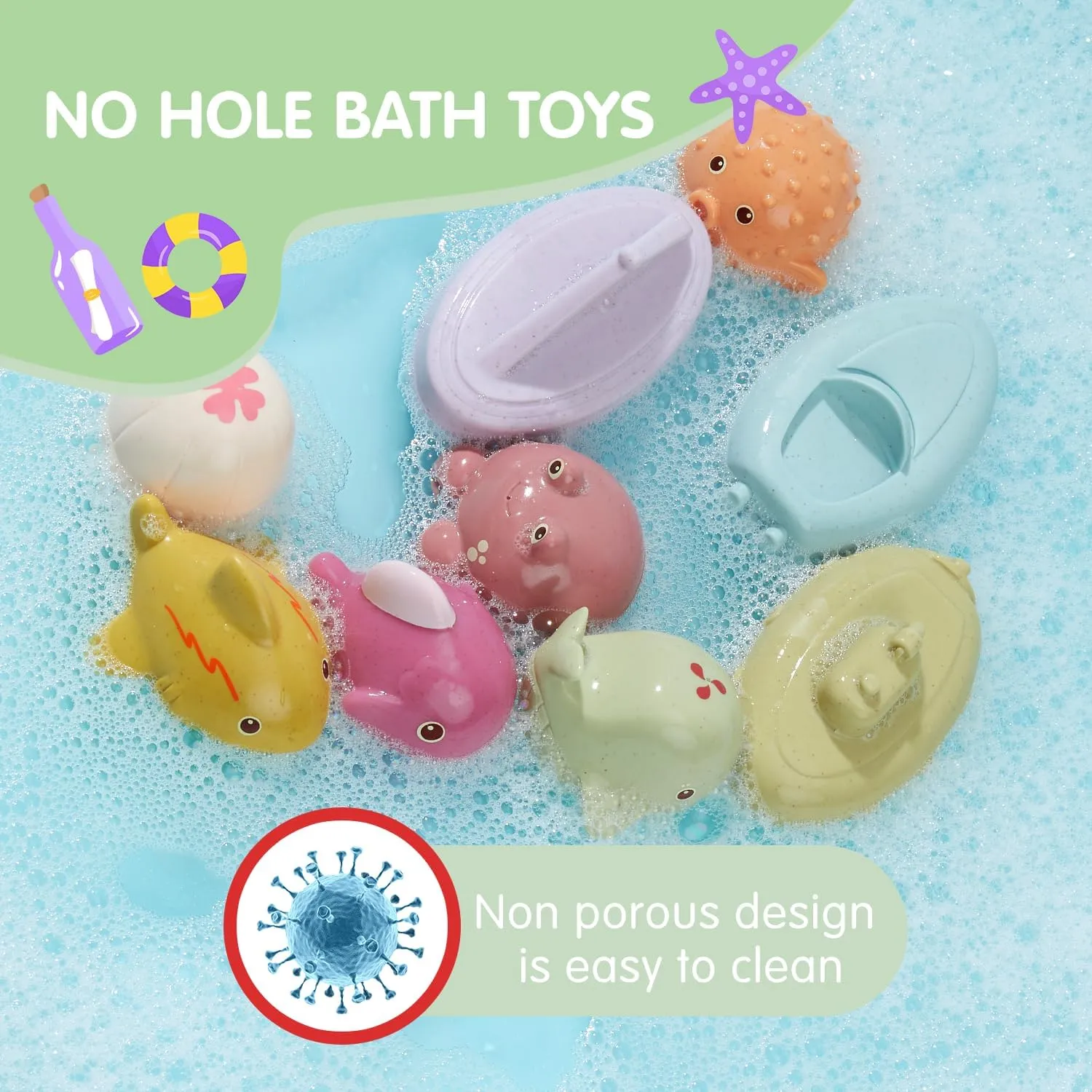 Mold-Free & No Holes Baby Bath Toys for 6-12 Months & Kids Ages 1-3 | 9 Pack Animal & Floating Boats Bathtub Float Toys | Pool Shower Water Play | Baby Gift for Toddlers, Girls & Boys