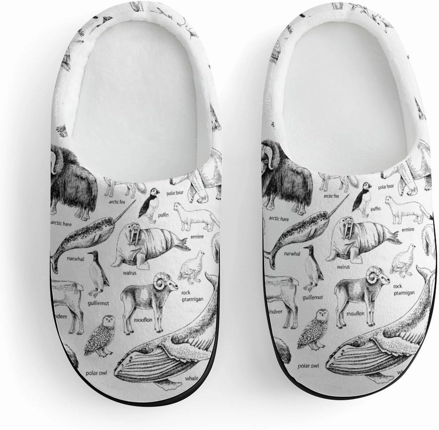 Monochrome Hand Drawn Arctic Animals Print Slippers for Boys Girls Home Cotton Slippers Non-Slip Warm Little Kids Slippers