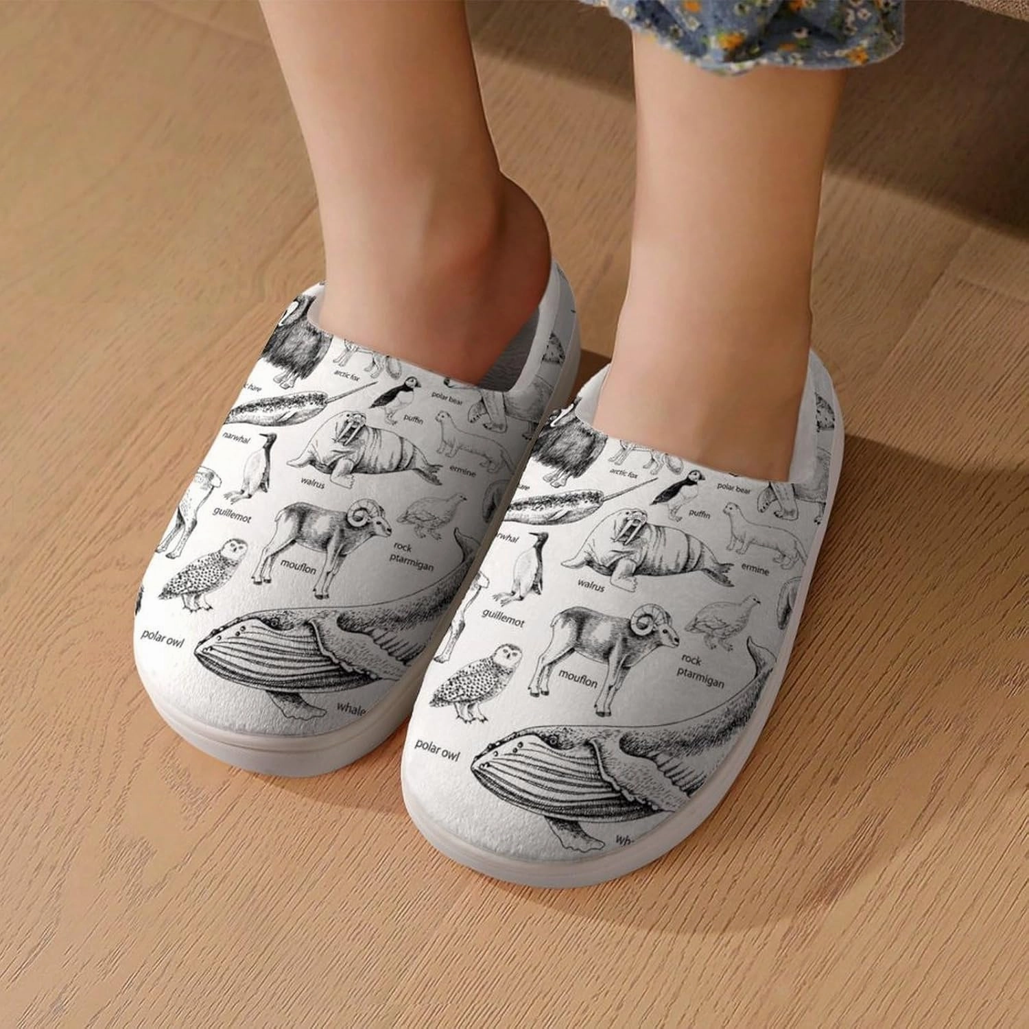 Monochrome Hand Drawn Arctic Animals Print Slippers for Boys Girls Home Cotton Slippers Non-Slip Warm Little Kids Slippers