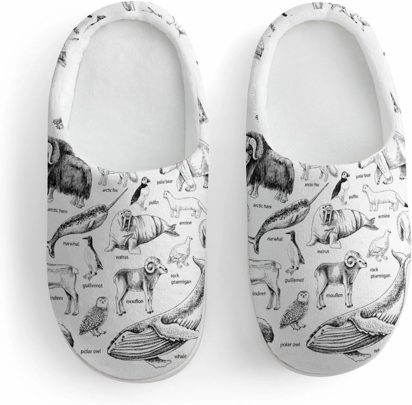 Monochrome Hand Drawn Arctic Animals Print Slippers for Boys Girls Home Cotton Slippers Non-Slip Warm Little Kids Slippers