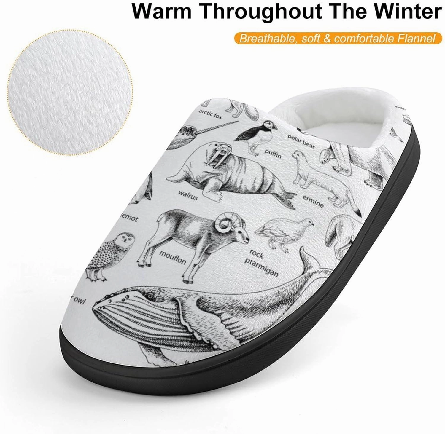 Monochrome Hand Drawn Arctic Animals Print Slippers for Boys Girls Home Cotton Slippers Non-Slip Warm Little Kids Slippers