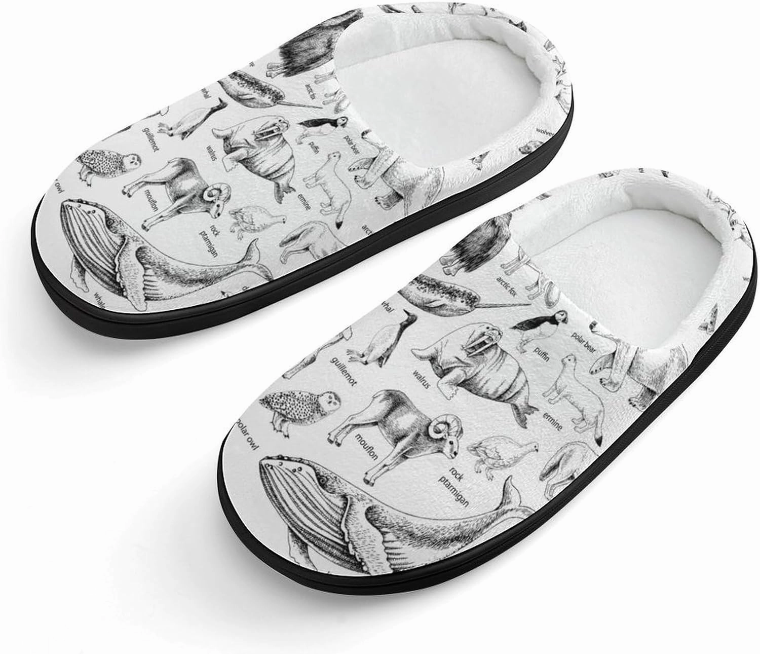 Monochrome Hand Drawn Arctic Animals Print Slippers for Boys Girls Home Cotton Slippers Non-Slip Warm Little Kids Slippers