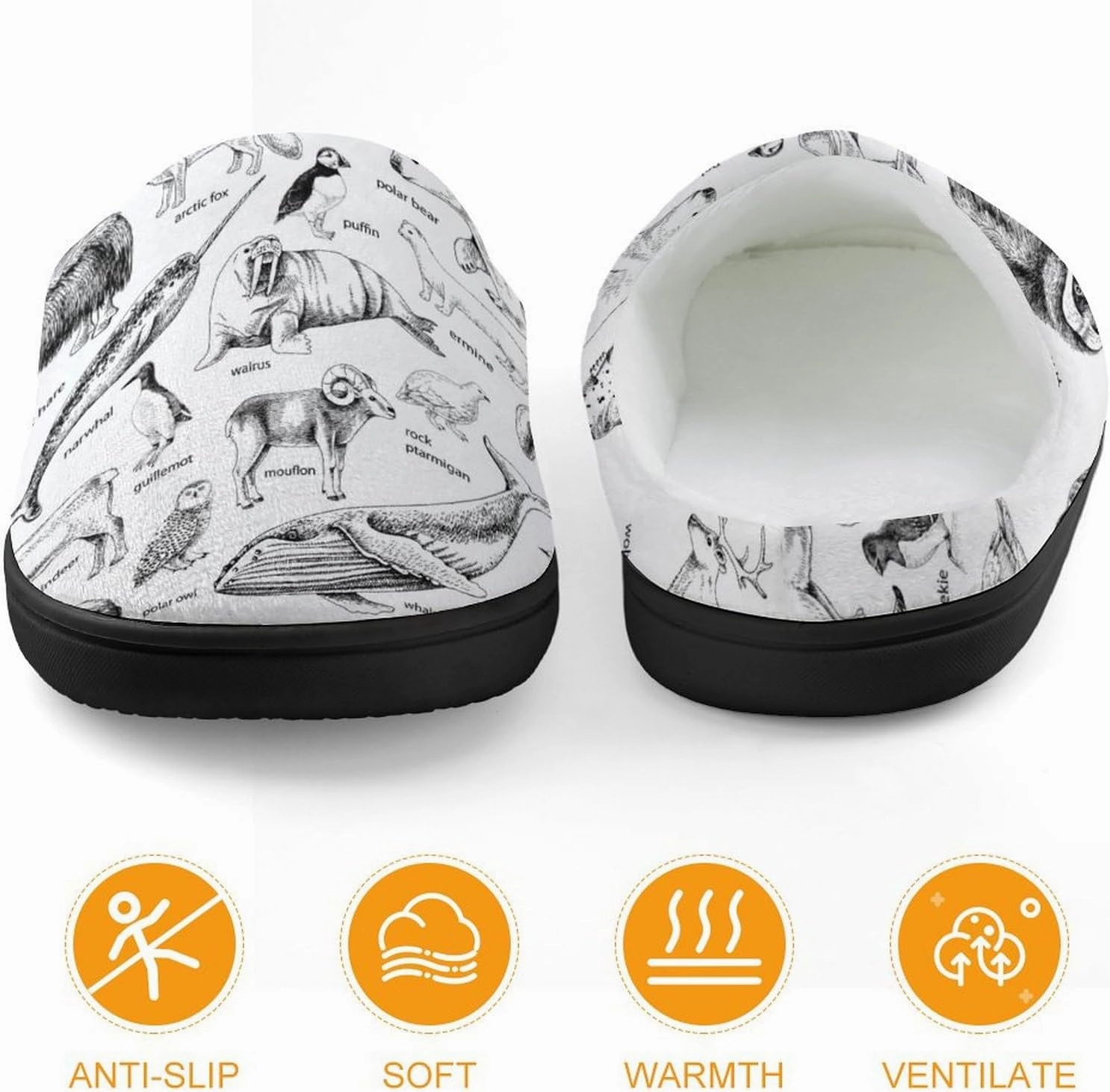 Monochrome Hand Drawn Arctic Animals Print Slippers for Boys Girls Home Cotton Slippers Non-Slip Warm Little Kids Slippers