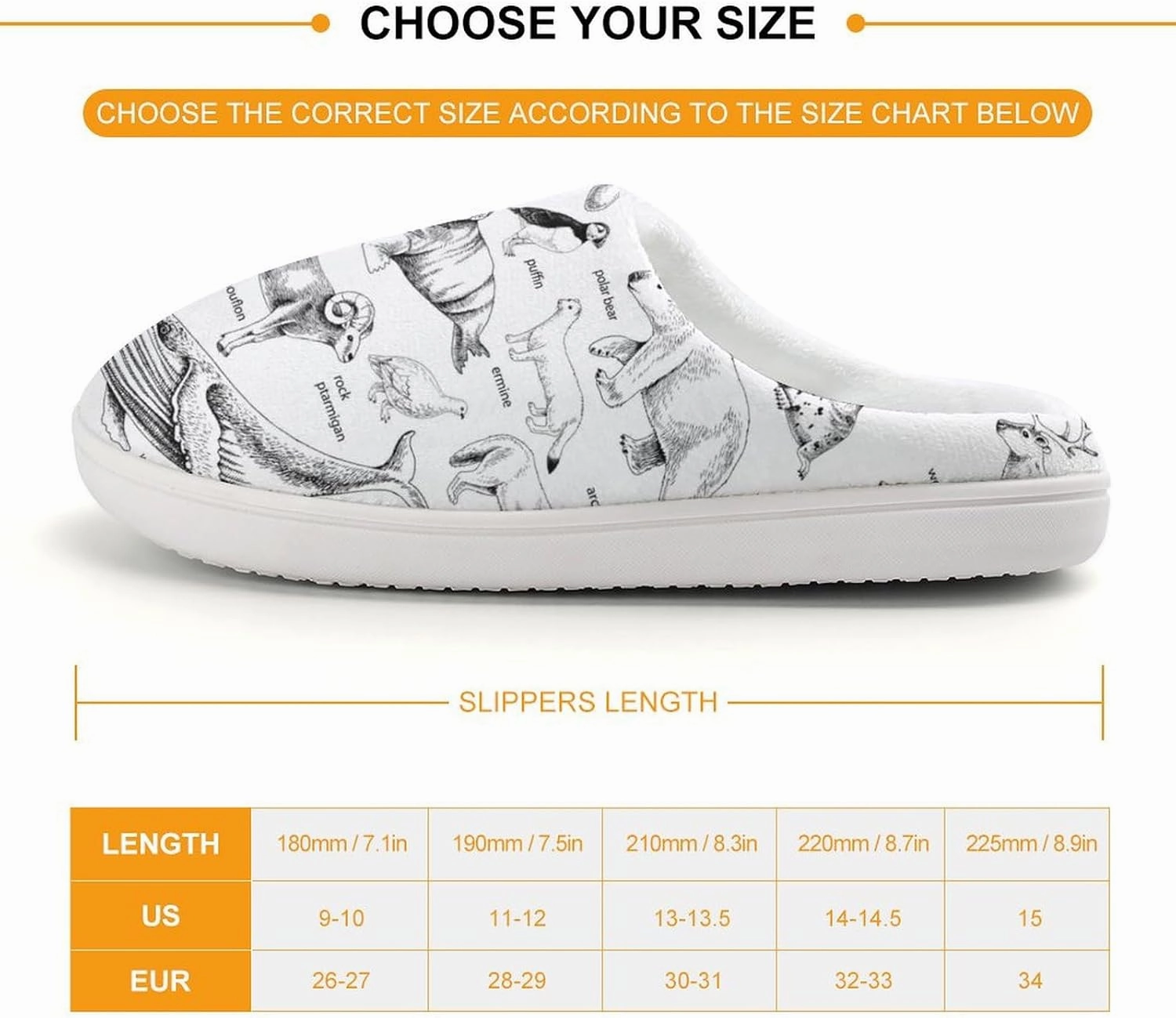 Monochrome Hand Drawn Arctic Animals Print Slippers for Boys Girls Home Cotton Slippers Non-Slip Warm Little Kids Slippers
