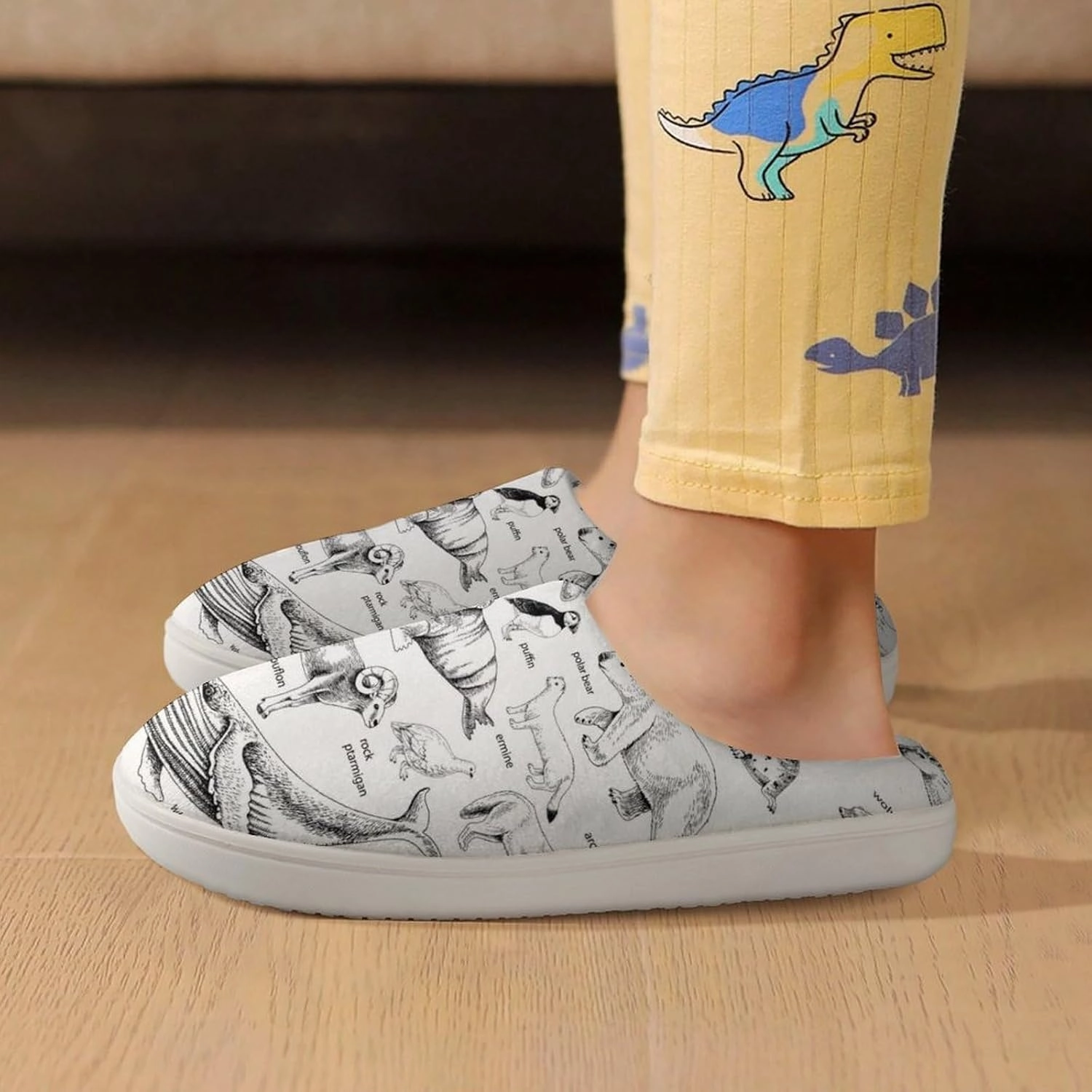 Monochrome Hand Drawn Arctic Animals Print Slippers for Boys Girls Home Cotton Slippers Non-Slip Warm Little Kids Slippers