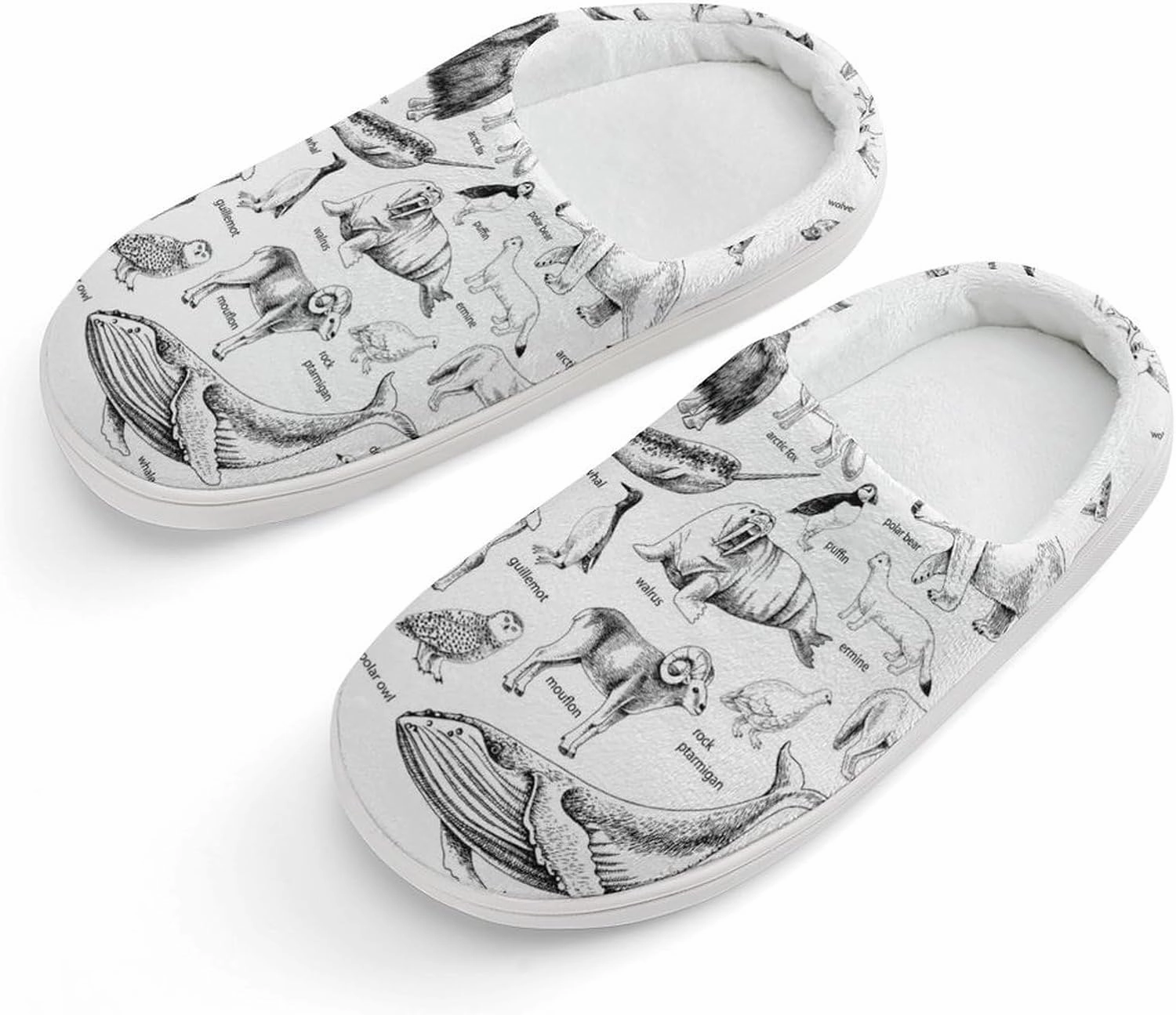 Monochrome Hand Drawn Arctic Animals Print Slippers for Boys Girls Home Cotton Slippers Non-Slip Warm Little Kids Slippers