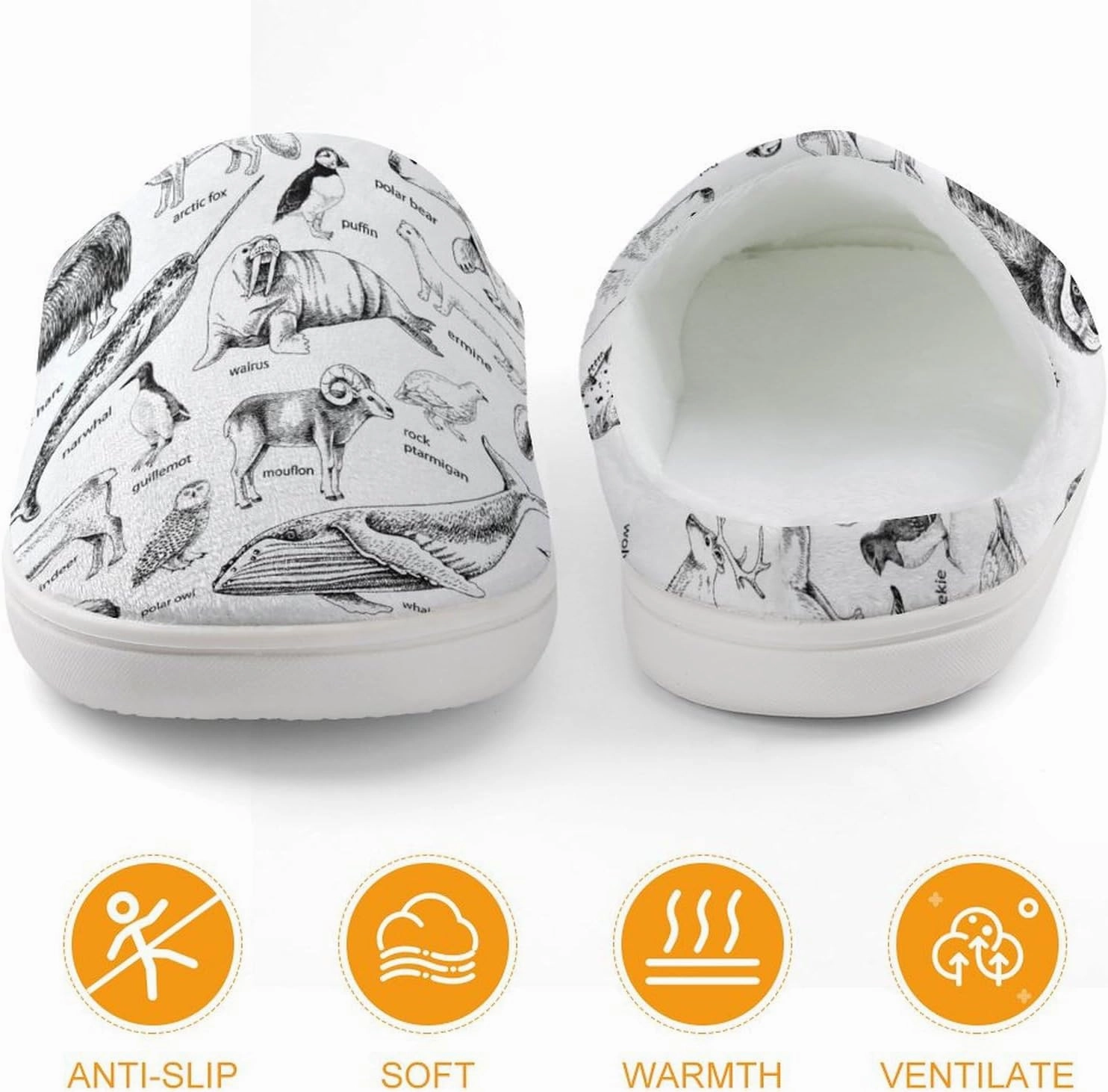Monochrome Hand Drawn Arctic Animals Print Slippers for Boys Girls Home Cotton Slippers Non-Slip Warm Little Kids Slippers