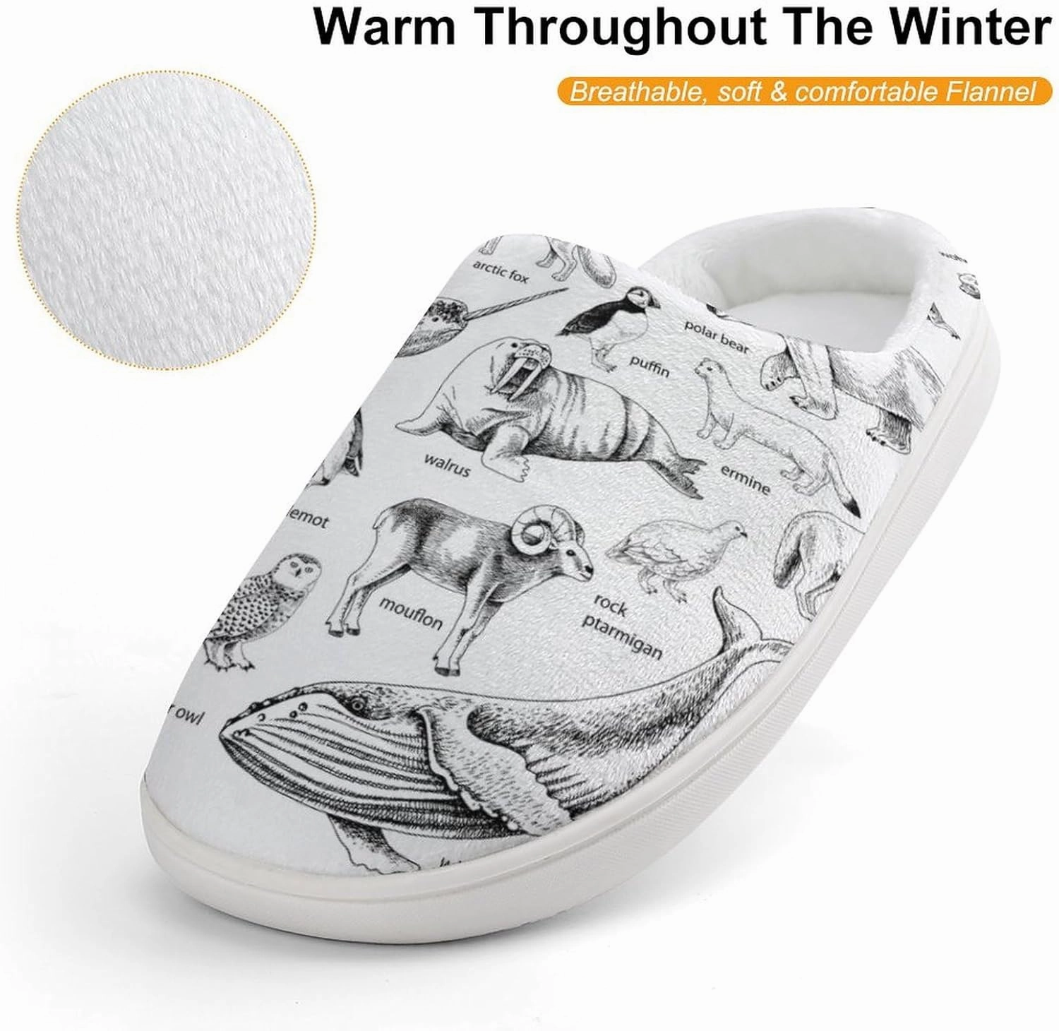 Monochrome Hand Drawn Arctic Animals Print Slippers for Boys Girls Home Cotton Slippers Non-Slip Warm Little Kids Slippers
