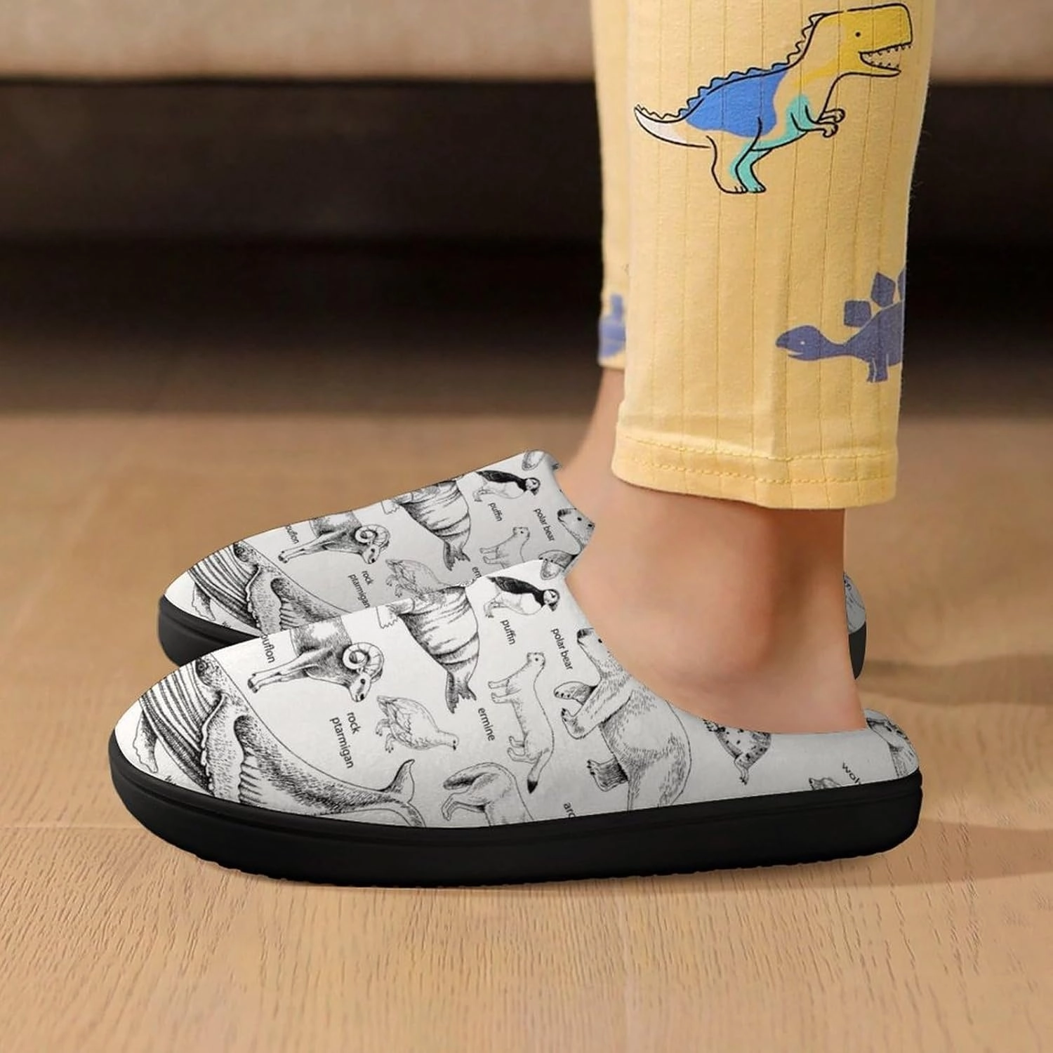 Monochrome Hand Drawn Arctic Animals Print Slippers for Boys Girls Home Cotton Slippers Non-Slip Warm Little Kids Slippers