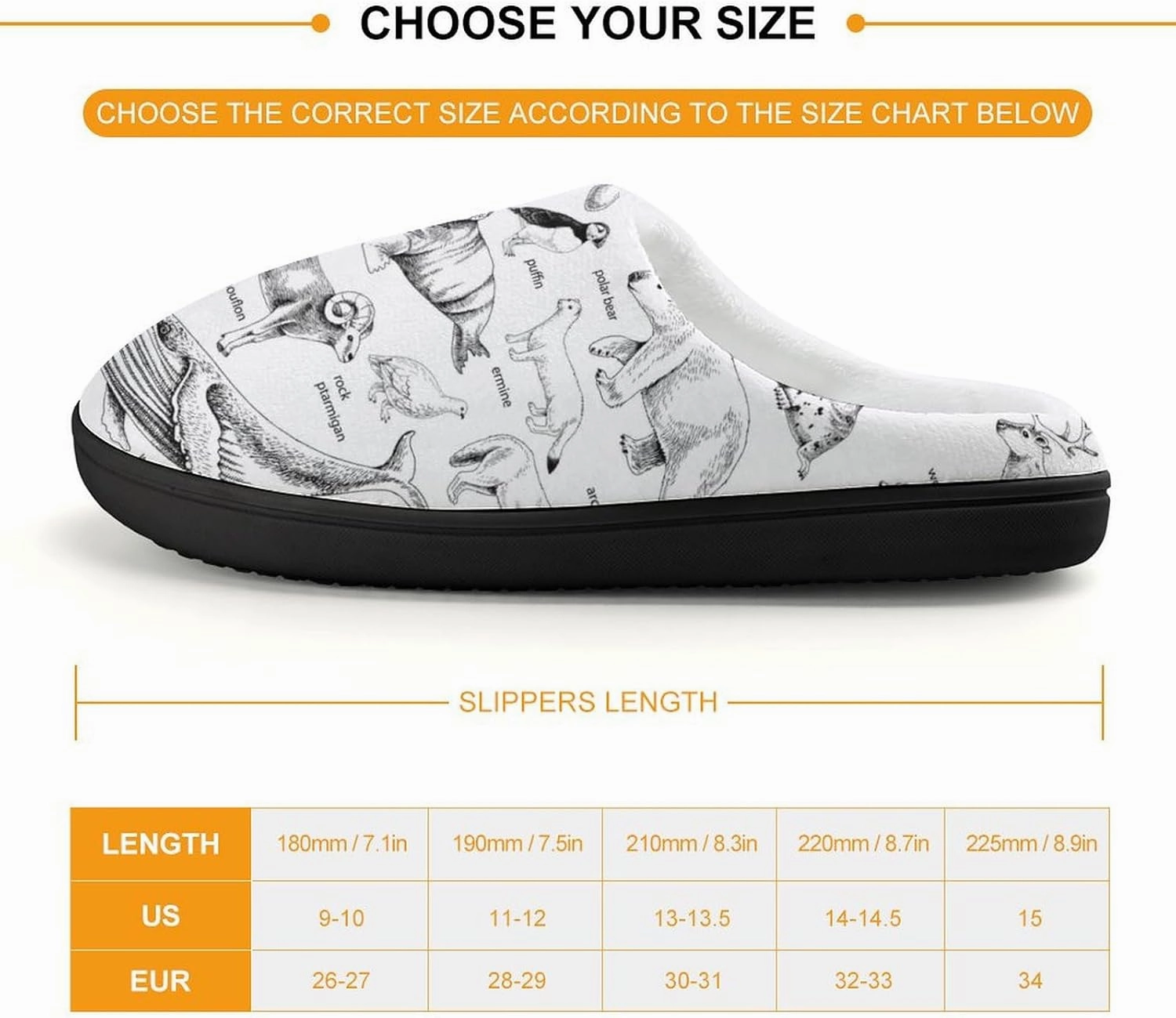 Monochrome Hand Drawn Arctic Animals Print Slippers for Boys Girls Home Cotton Slippers Non-Slip Warm Little Kids Slippers