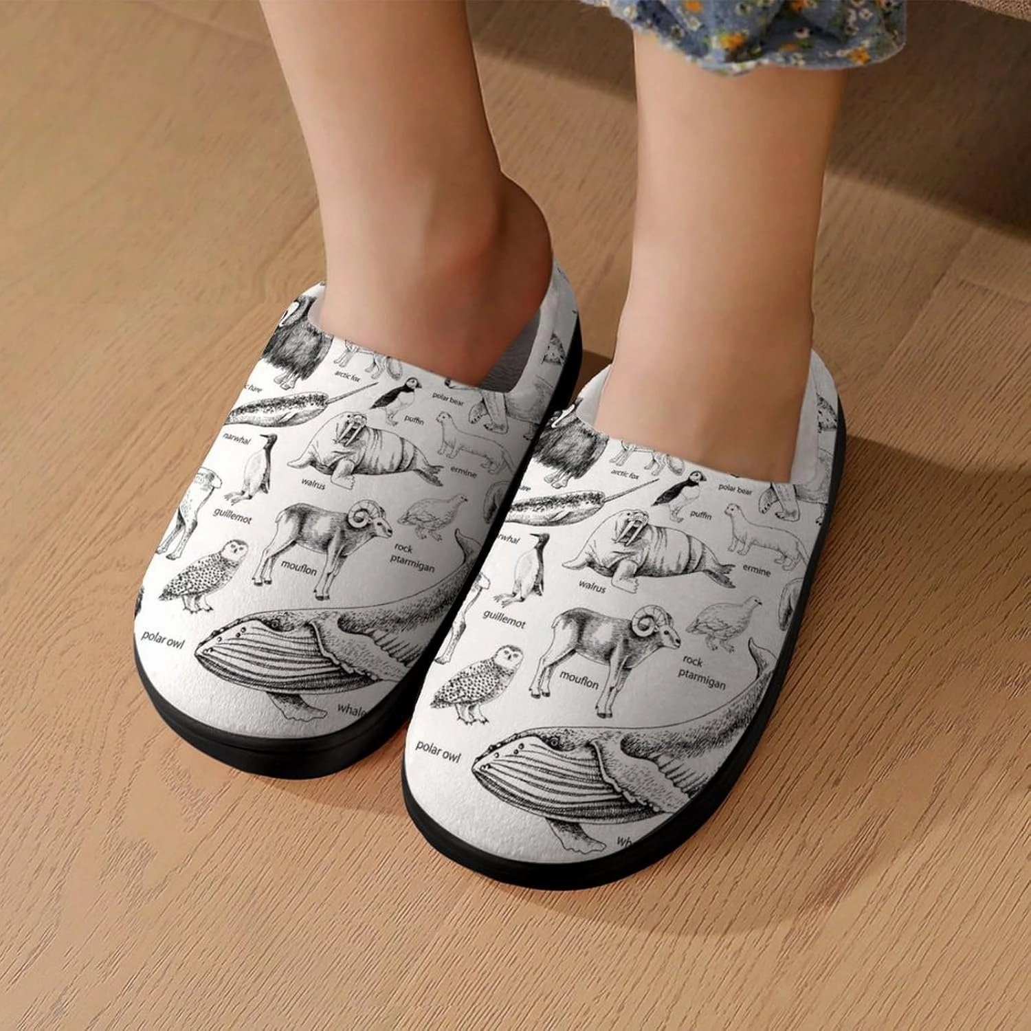 Monochrome Hand Drawn Arctic Animals Print Slippers for Boys Girls Home Cotton Slippers Non-Slip Warm Little Kids Slippers
