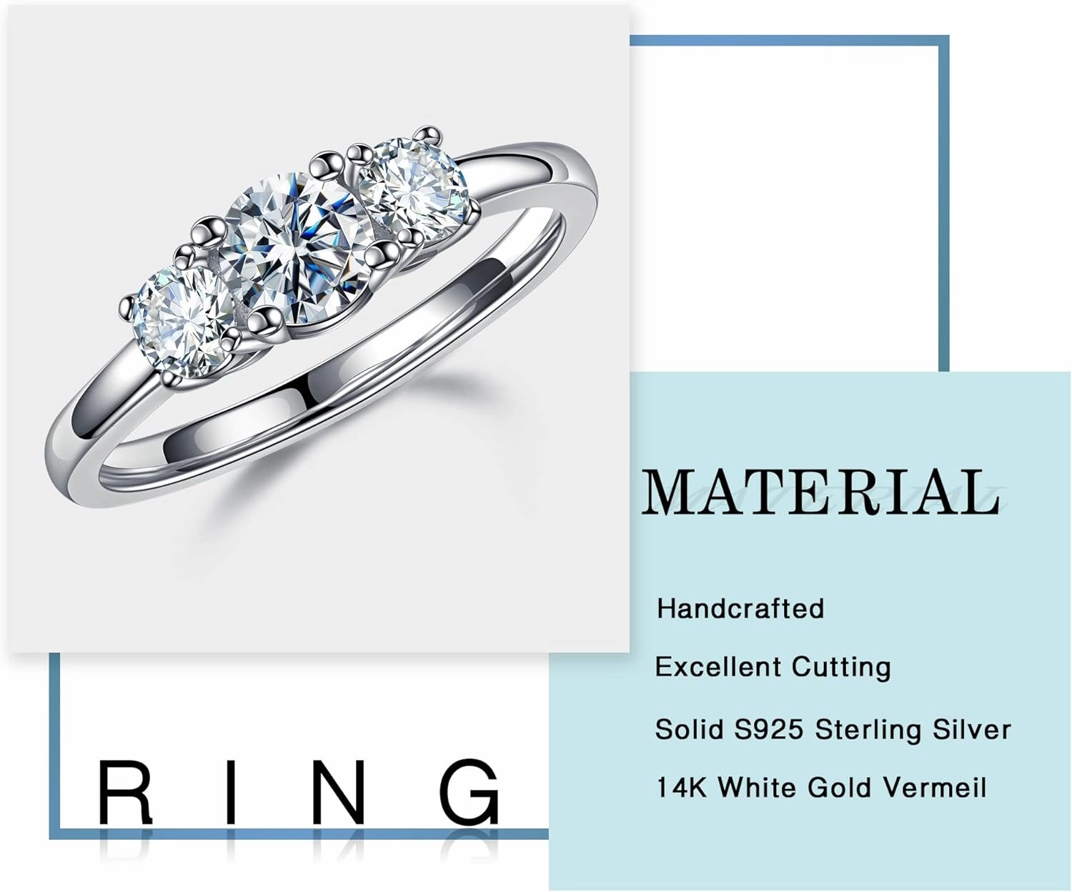 MOOSEA 3 Stone Moissanite Engagement Ring, 1ct tw D Color VVS1 Clarity, 14K White Gold, for Women Anniversary Jewelry Gift
