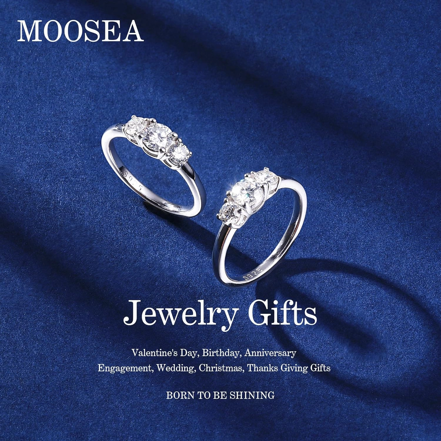 MOOSEA 3 Stone Moissanite Engagement Ring, 1ct tw D Color VVS1 Clarity, 14K White Gold, for Women Anniversary Jewelry Gift