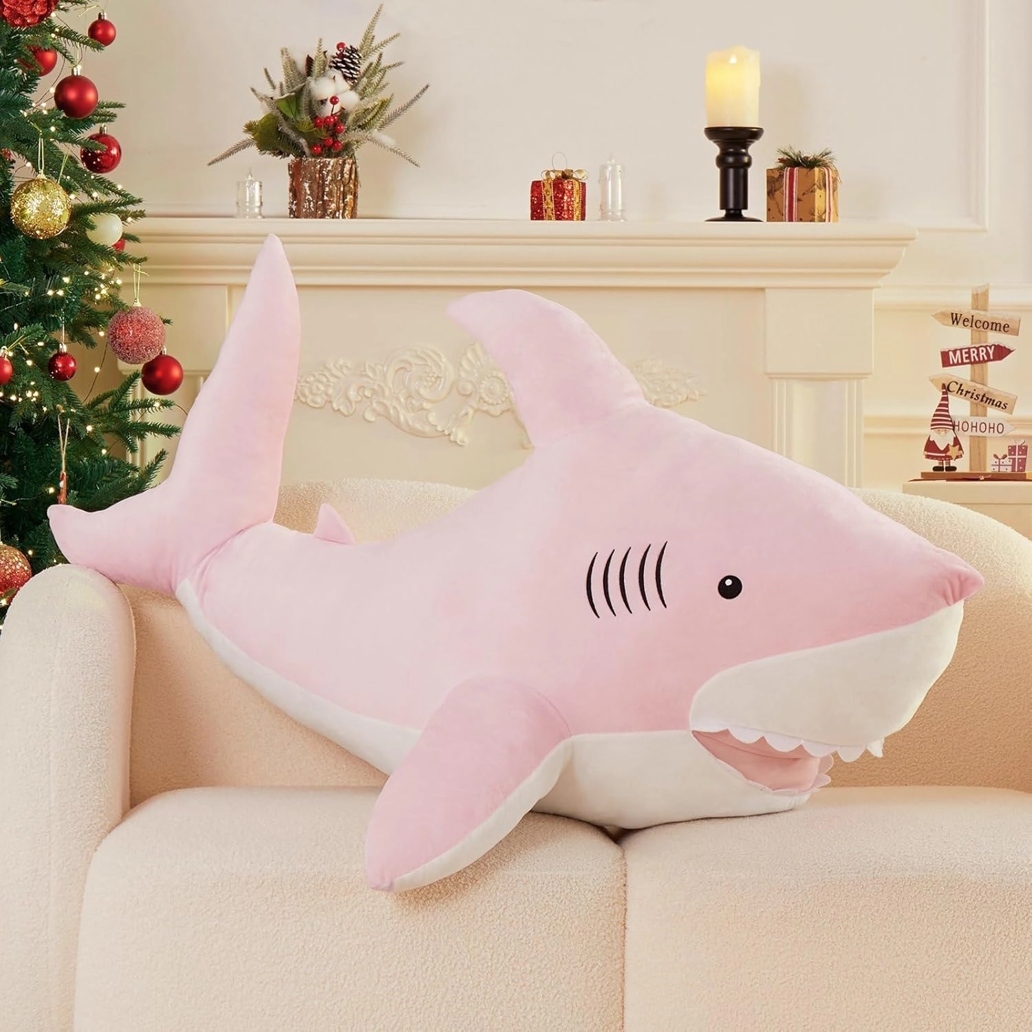 MorisMos 51inch Giant Shark Stuffed Animal, Large Shark Plush Toy Pillow Gift for Kids, Girlfriend, Pink