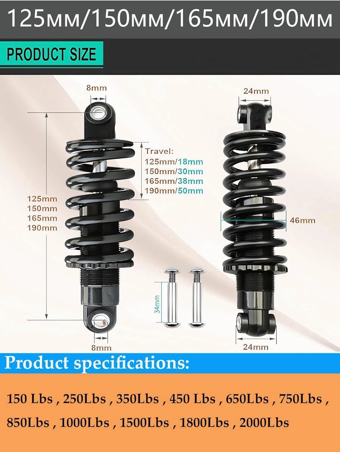 Mountain Bike Rear Shock Absorber 125mm 150mm 165mm 190mm Coil Spring Adjustable 150-2000lbs Suspension for MTB/E-Bike/XC(190mm,150Lbs)