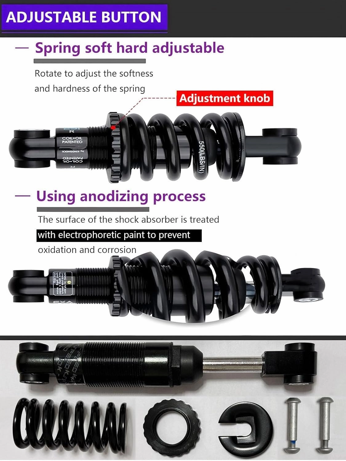 Mountain Bike Rear Shock Absorber 125mm 150mm 165mm 190mm Coil Spring Adjustable 150-2000lbs Suspension for MTB/E-Bike/XC(190mm,150Lbs)