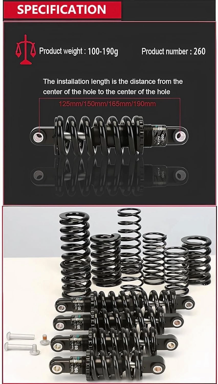 Mountain Bike Rear Shock Absorber 125mm 150mm 165mm 190mm Coil Spring Adjustable 150-2000lbs Suspension for MTB/E-Bike/XC(190mm,150Lbs)