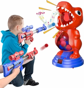 Movable Dinosaur Shooting Toys with 2 Air Pump Guns, Shooting Target Games with LED Score Record, Light & Sound, 24 Foam Balls Competition Game Gift for 6 7 8 9 10 Year Old Boys Kids (Red)